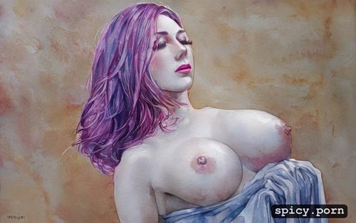 round tits, realisic nipples, pale purple hair, naked, highly detailed
