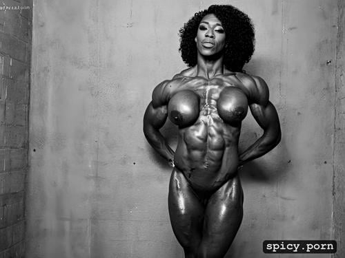 in dungeon, big veiny biceps, eight pack abs, naked, black woman