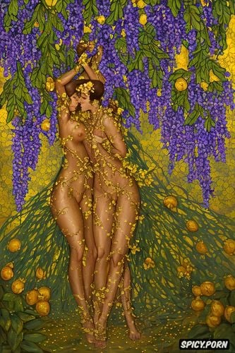 green leaves oranges and wisteria, golden, women in leafy spring forest with golden flowers fingertip nipple touching breasts golden chains and sere cloth