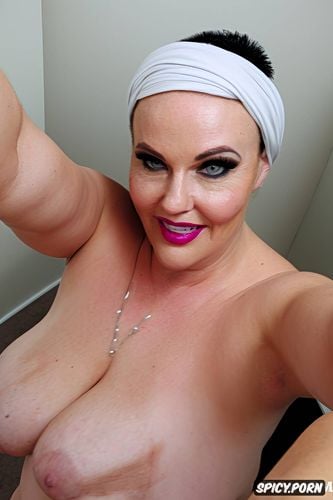 only pink headscarf, look tits, saggy tits, close up view, nude