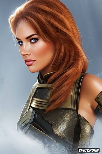 shoulder length copper hair, confident smirk, ultra realistic