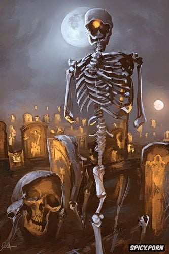 haunted graveyard at night, moonlight, scary glowing walking human skeleton