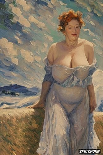 wolf, fauvism painting, fat thighs, small breasts, old woman with small drooping tits