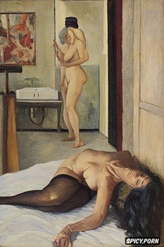 félix vallotton, pale, looking at viewer, naked, black lace stockings