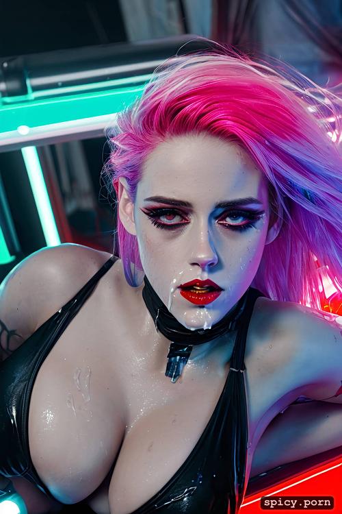 naked nipples excessive cum on face and body, retrowave neon hair