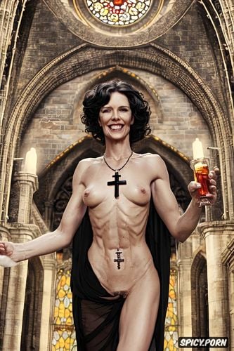 cathedral, nude, stained glass windows, smiling, nuns, cross necklace