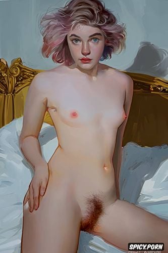 pink pussy, short blue hair, extremely pale skin, 20 years old