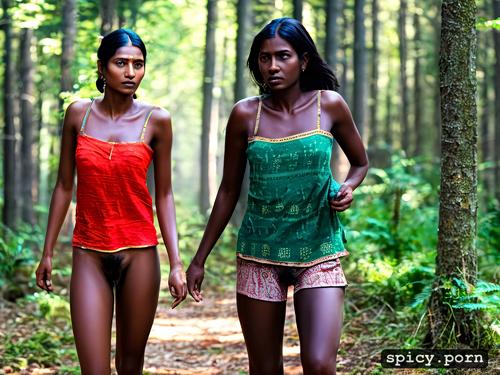 dark skin, two ladies, forest, tribal, 20yo and 40 yo, walking