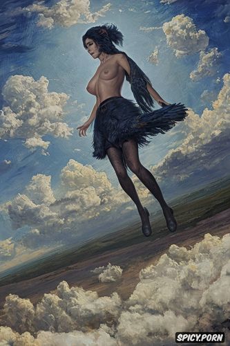 impressionist portrait, flat chest flying jewish teen flying in the sky