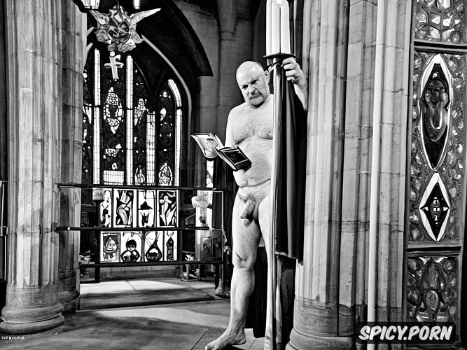 choir, nude, old man holds his penis, stained glass windows