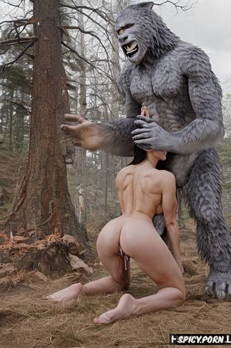 roars as he releases into her pussy, woman enjoys sasquatch fucking her doggy style