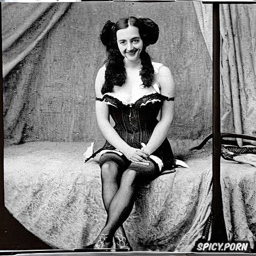 antique colorized picture, wearing ribbons in her hair and sexy cotton and lace lingerie body and clothes covered in cum smiling sitting in an old white victorian canvas tent