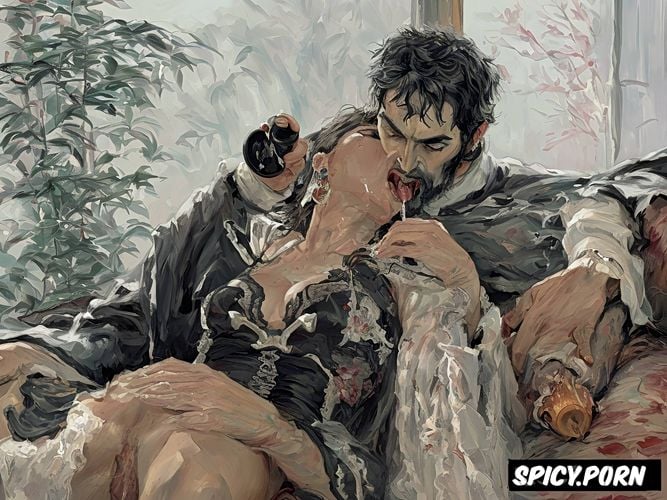 impressionism painting style, garden, couch, vampire, nude, dracula