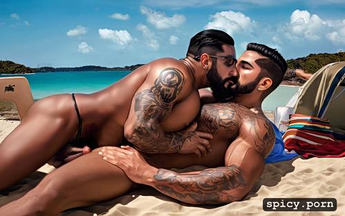 dark haired tattooed 30 year old man colombian maluma face handsome with a beard beautiful muscular pubic muscle very large erect penis on the beach