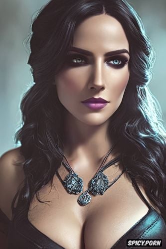 ultra detailed face shot, ultra realistic, yennefer of vengerberg the witcher tight outfit beautiful face no makeup smirk