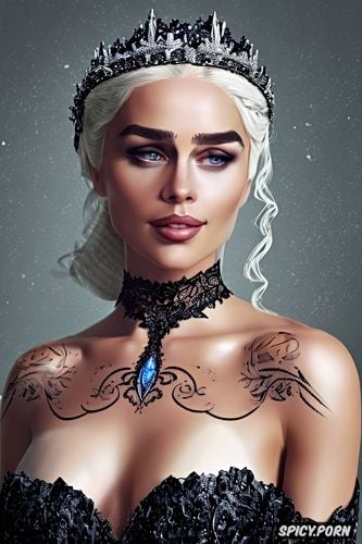 tattoos masterpiece, ultra detailed, daenerystargaryen a song of ice and fire beautiful face young tight low cut black lace wedding gown tiara