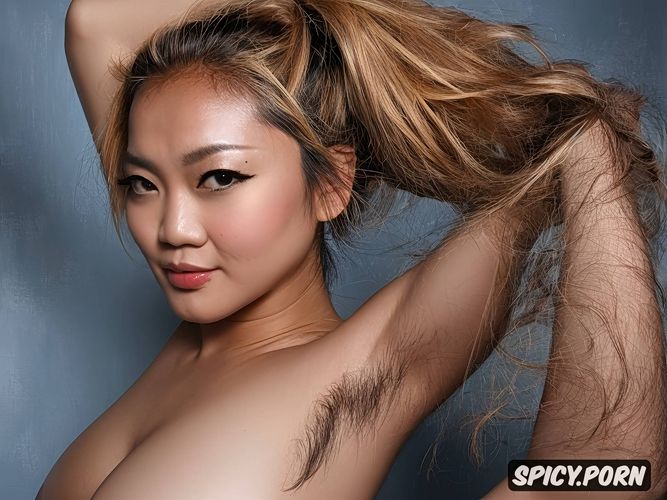 nude, thick very hairy armpits, tiny tits, full colour, ponytail