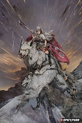 princess mononoke squatting on the back of a giant wolf, jumping wolf