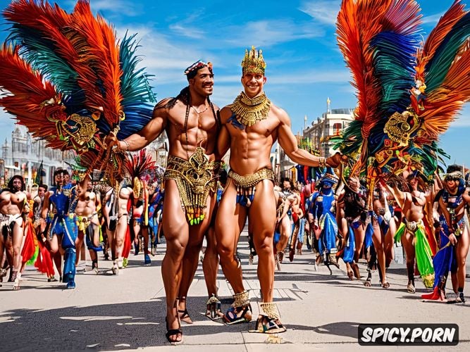 dancing and holding hands in a crowded bustling rio carnival parade