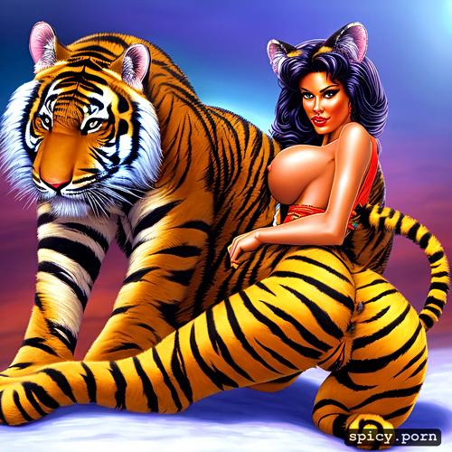 seductive face, furry, 40 yo, tiger woman, animalistic, giant breasts