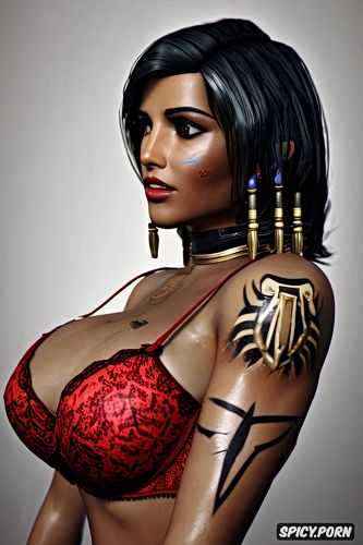 k shot on canon dslr, ultra realistic, pharah overwatch beautiful face young tattoos small perky tits elegant low cut red lace lingerie masterpiece