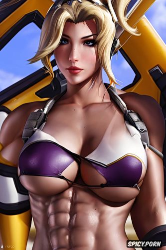 muscles, abs, mercy overwatch beautiful face pouting bikini
