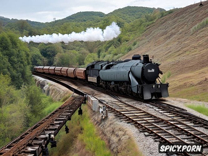 beautiful landscape, realistic railroad, realistic freight train with steam locomotive
