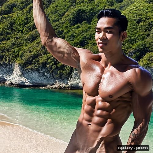 huge dick, black hair, good shape, undercut, standing on the beach