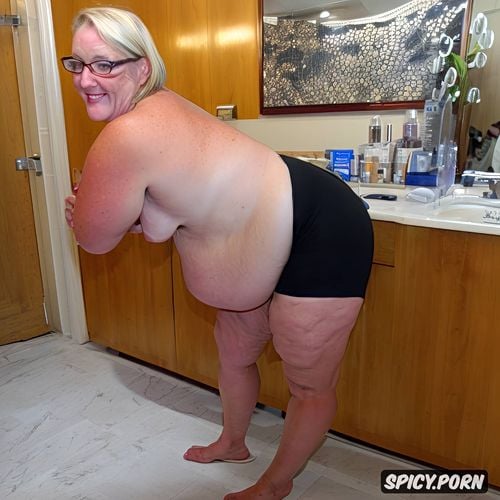 loose saggy skin, tan lines, cellulite, skin blemishes, an old fat english milf standing naked with obese belly