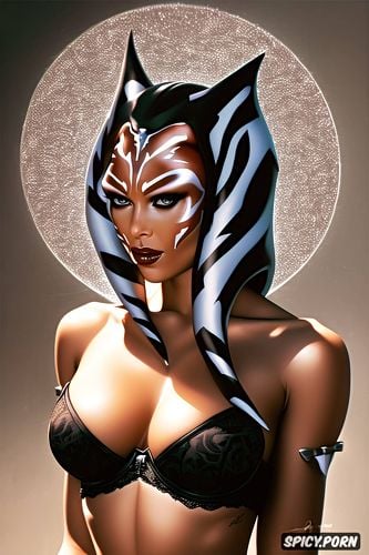 high resolution head shot, ultra detailed, ahsoka tano star wars beautiful face young slutty black lace lingerie small perky natural breasts
