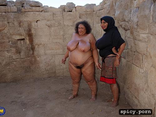 cellulite, huge nipples, very massive boobs, thick legs, naked arabic obese grannies