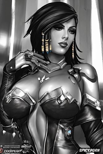 high resolution, ultra detailed, pharah overwatch beautiful face milf sexy low cut leather mistress outfit