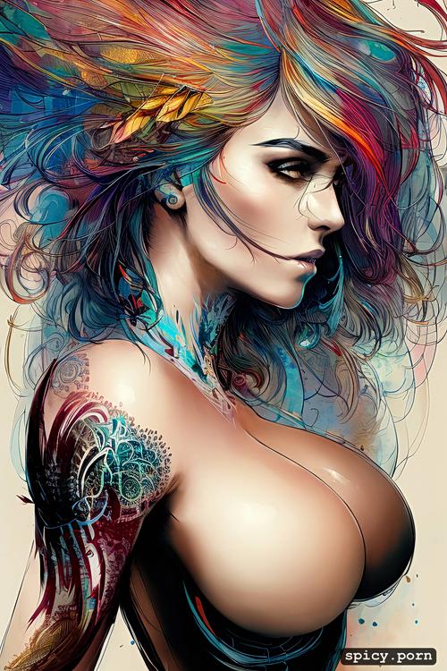 intricate, centered, vibrant, carne griffiths, key visual, nude