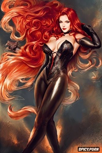 naked breasts, long wavy orange hair, perfect beauty, dark red leather suit with black collar