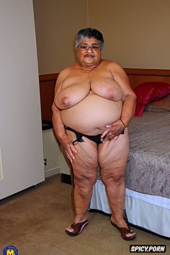 topless, flat chest, fupa, standing at hotel room, front view