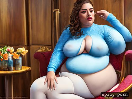 stretchmarks, fat rolls, huge fat belly, long and heavy breasts she is sitting on a chair admiring how fat she has become her legs are spread to let her belly hang between them covering her vagina her hands are holding the sides of her belly as she masturbates obese