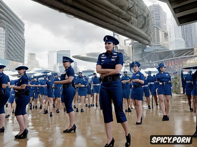 wide stance, oiled skin, slim beautiful laos police officers