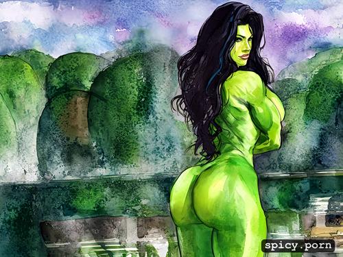 she hulk, view from behind, firm round ass, naked