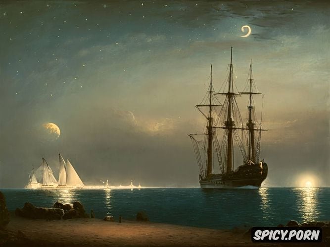 moon, ocean, aivazovsky oil painting, frigate cutty sark, nineteen century