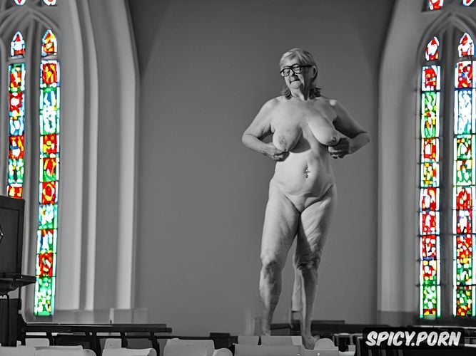 glasses, cathedral, ultra realistic face, saggy old wrinkled breasts