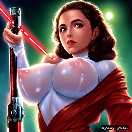 small detailed face, lactating, petite body, moonlight, lightsaber