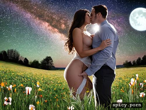kissing passionately under the starry night sky, the couple is standing in a meadow with tall grass and wildflowers