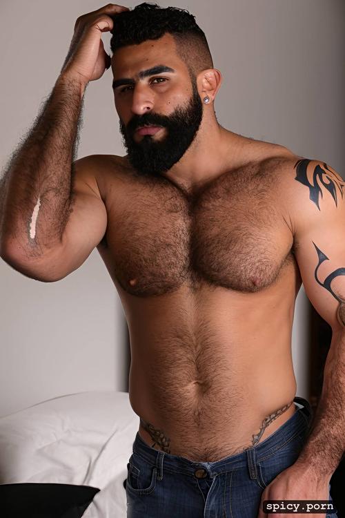 perfect face, arab man super handsome muscular strong beard tattooed arms something 1 90 super muscular body perfect physique tanned spectacular naked large erect penis beautiful super large