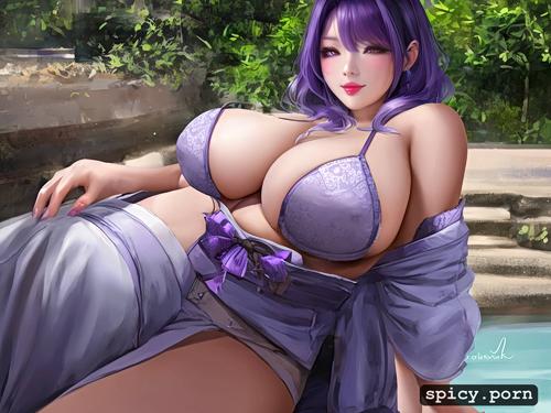 chubby body, purple hair, japanese female, pretty face, pixie hair