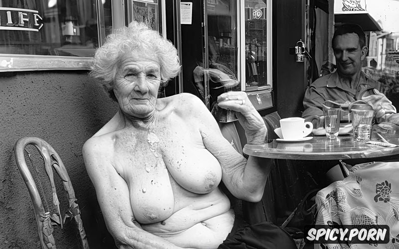 angry, irish granny, naked, sitting smoking, wrinkly face, freckled face