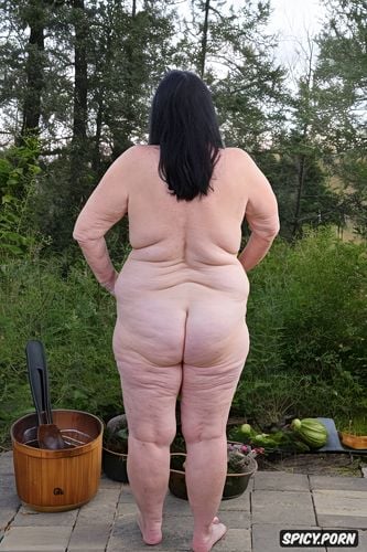 she cooks a steaming stew in a saucepan, bulging belly, chubby cook