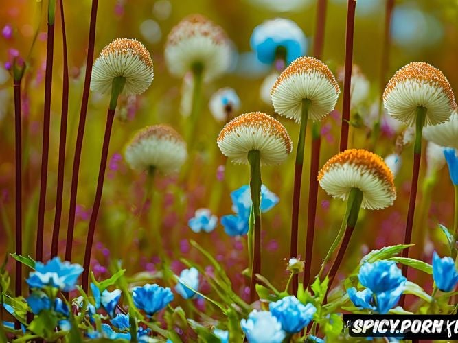 fairytale, magic mushrooms, enchanted flower meadow, haunted flower meadow