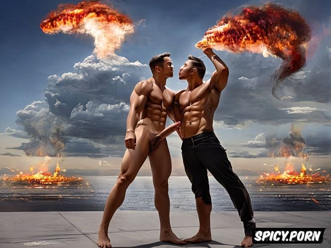 two giant huge nude naked undressed gay bodybuilder hunks, evil smile