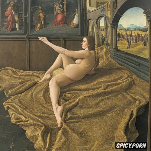 holy, virgin mary nude in a stable, classic, halo, renaissance painting