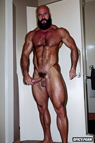 focus in old man massive bodybuilder, beard face, strong hard leg showing his big hard uncut dick in the bathroom
